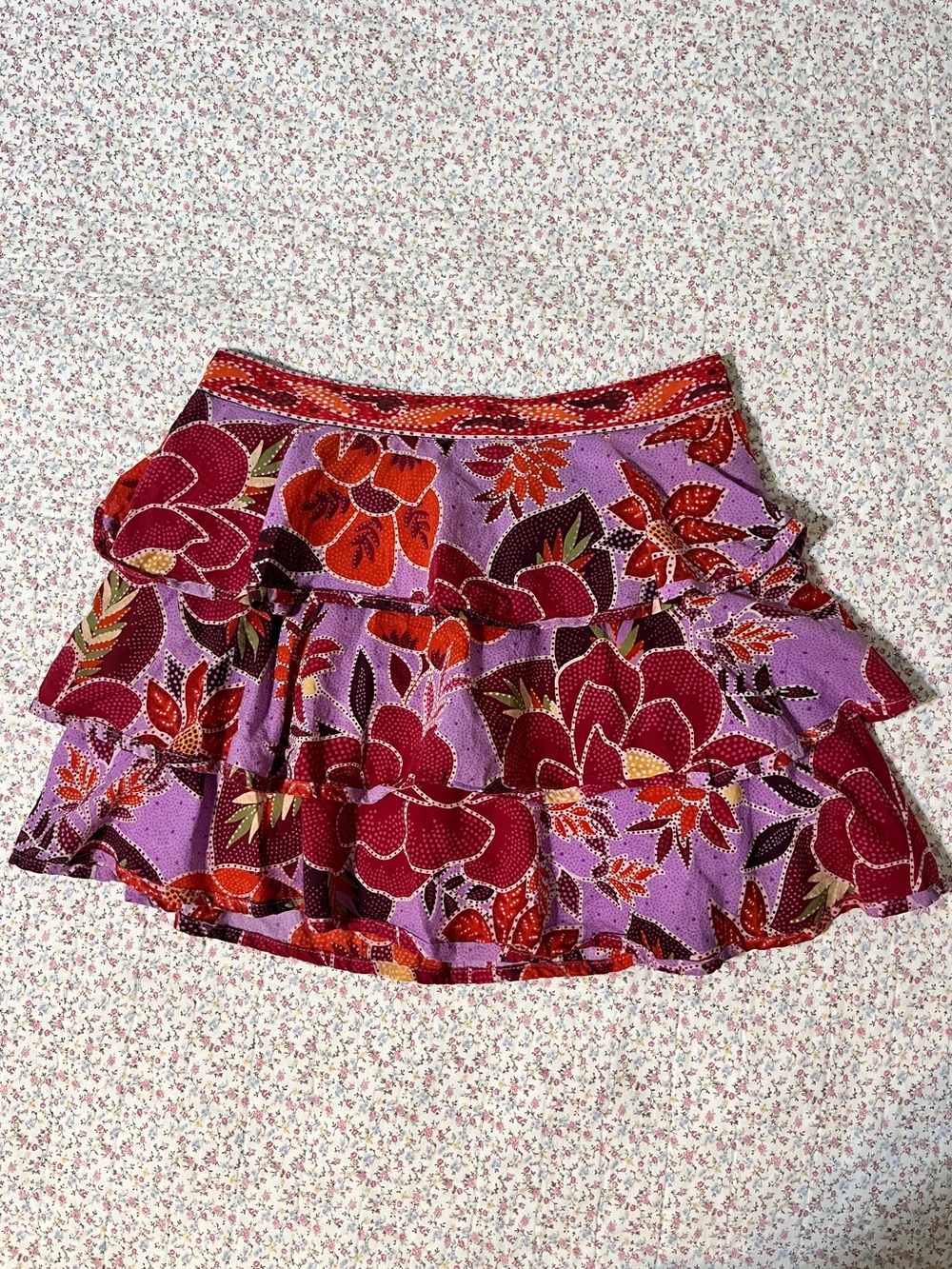 FARM Rio Floral Tiered Ruffle Mini Skirt in Lavender and Red. Small
